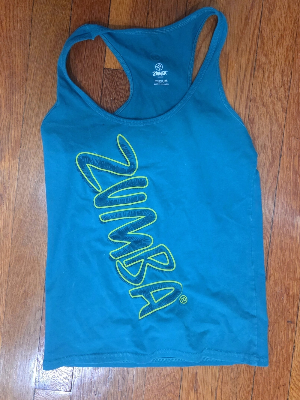 Zumba Fitness Teal Racerback Tank with Neon Green Logo